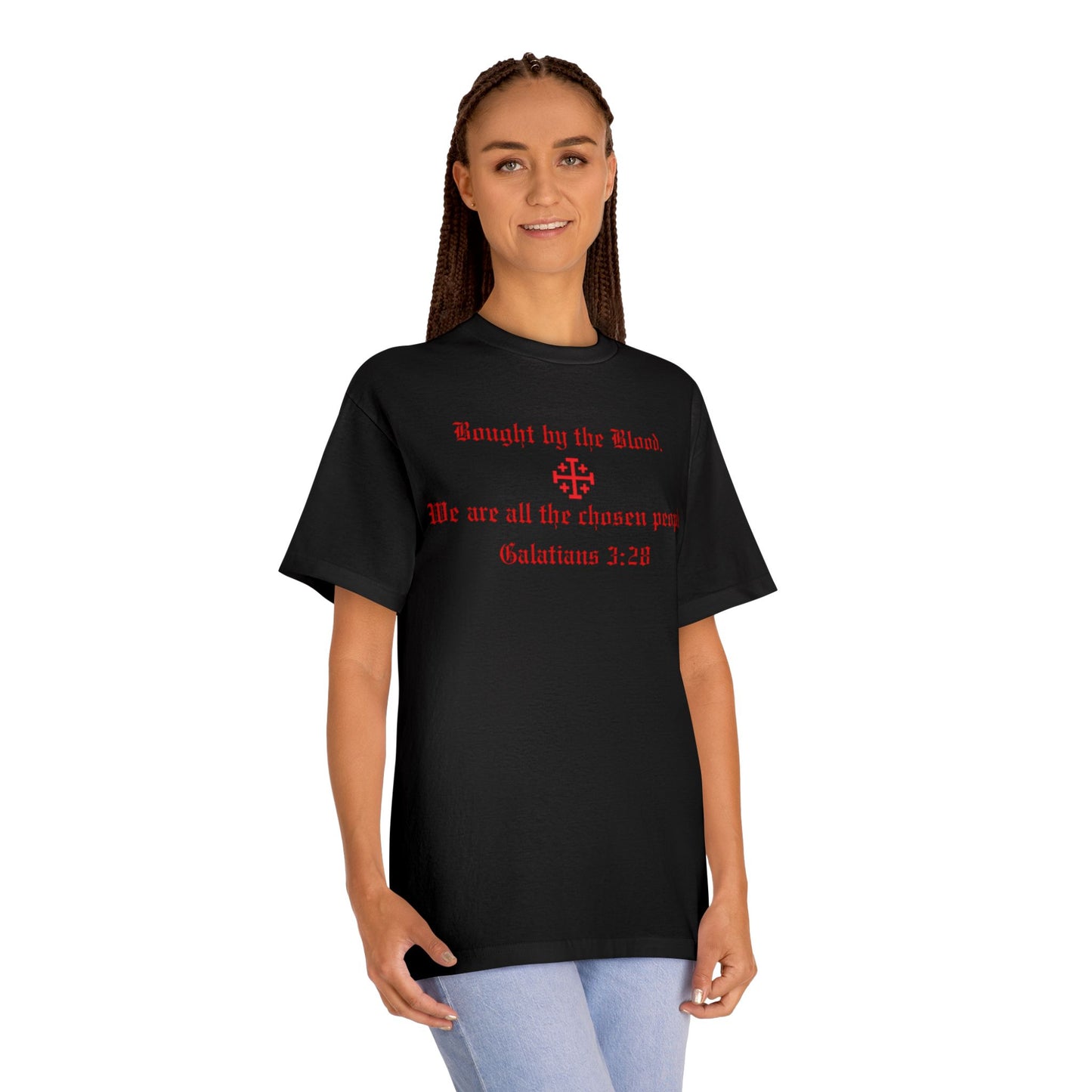 Christian T‑Shirt — "Bought by the Blood. We are all the chosen people. Galatians 3:29"