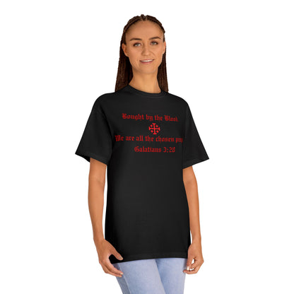Christian T‑Shirt — "Bought by the Blood. We are all the chosen people. Galatians 3:29"