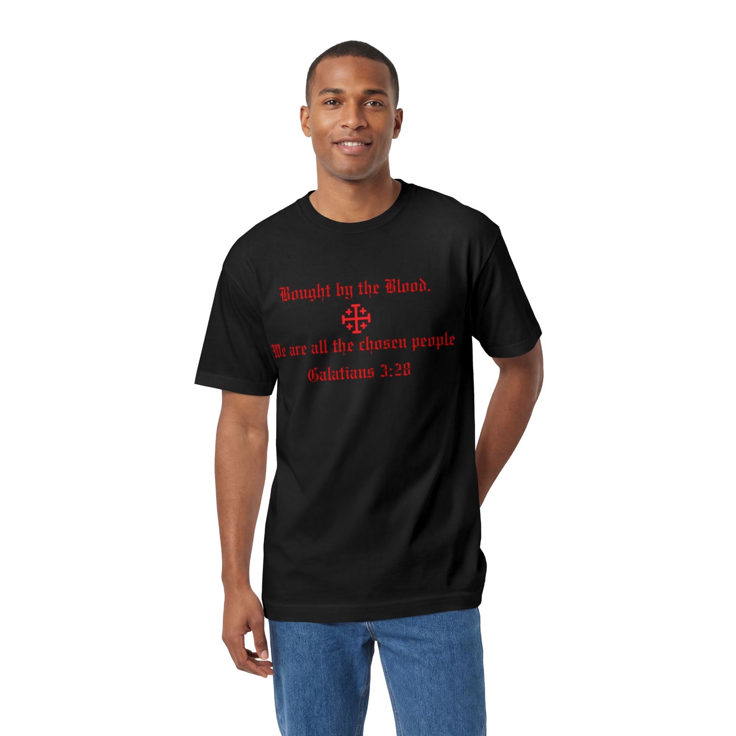 Christian T‑Shirt — "Bought by the Blood. We are all the chosen people. Galatians 3:29"